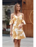 Rochie crem cu bretele si maneci cu frunze galbene PR3215 - Magazin online - Boutique